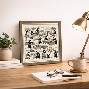 モン族の物語 布を重ねた木の壁画 村の風景 画像 2