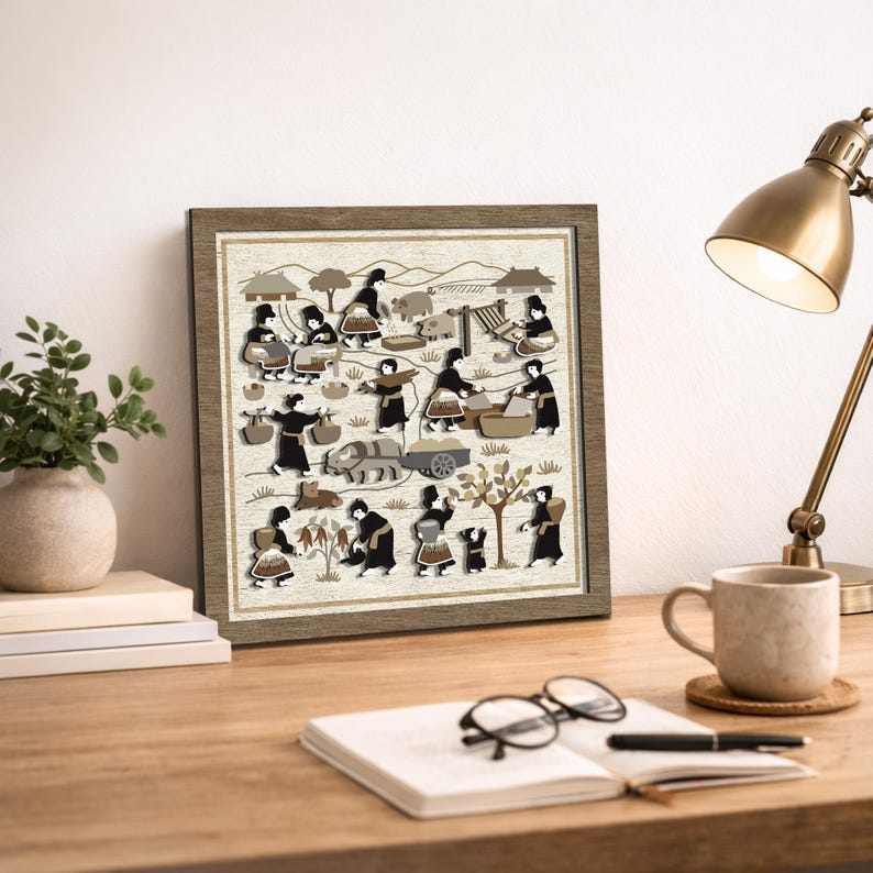 モン族の物語 布を重ねた木の壁画 村の風景 画像 2