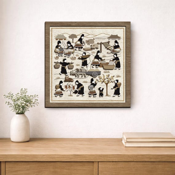 Hmong Story Cloth Layered Wood Wall Art Village Scene