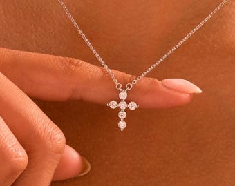 Moissanite Dainty Cross Necklace Sterling Silver,Communion Gift,Baptism Gift,Wedding gift,Valentines day Gift,Mothersday gift,Gift for her