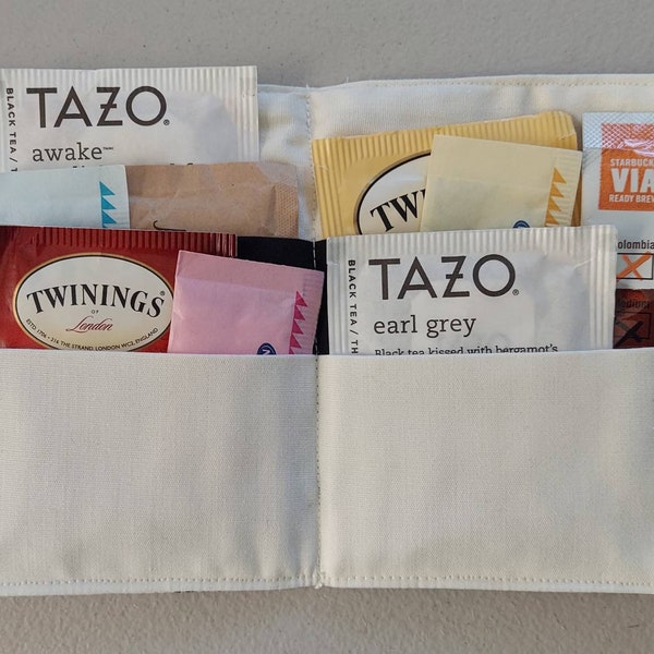 DISCONTINUED, PRICE CUT, will not renew-All purpose "wallet," holds tea bags, condiments, sweetener packets, coffee packets, credit cards