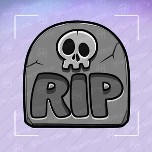 May include: A gray tombstone illustration with a skull and the letters "RIP". The tombstone is a light gray color with a darker gray outline and cracks. The skull is white with black eye sockets. The background is a light purple.