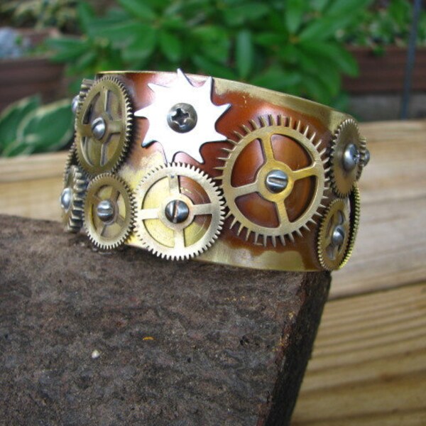 Steampunk Bracelet Brass Cuff with Grandfather Clock Gears and Torch Patina