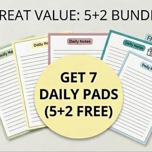 Könnte beinhalten: Ein Bild von sieben täglichen Notizblöcken mit linierten Seiten und farbigen Rändern. Die Blöcke haben Registerkarten mit der Aufschrift "FREE" und der Text "GREAT VALUE: 5+2 BUNDLE!" und "GET 7 DAILY PADS (5+2 FREE)" sind ebenfalls sichtbar.
