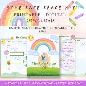 Op de afbeelding: Een digitaal printbaar pakket voor emotionele regulatie voor kinderen. Het ontwerp toont een regenboog, kleurpotloden en de tekst "The Safe Space Kit". Bevat afdrukbare pagina's met affirmaties.