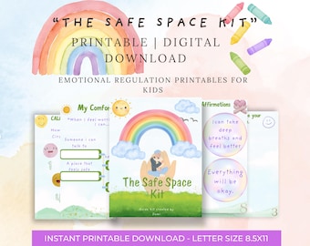 May include: A watercolor-style printable kit for emotional regulation for kids. The design features a rainbow, crayons, and the text "The Safe Space Kit." Includes printable pages with affirmations and prompts for self-reflection.