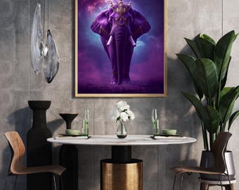 Stampa artistica di elefante viola reale con galassia: decorazione animale cosmica (download digitale)