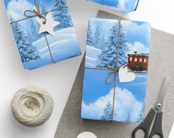 Carta da regalo vintage a forma di treno di Natale: Paese delle meraviglie invernale innevato