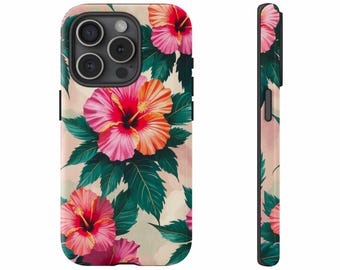 May include: A phone case featuring a vibrant floral design. The case showcases pink and orange hibiscus flowers with green leaves against a light beige background. The case is shown from the front and side.
