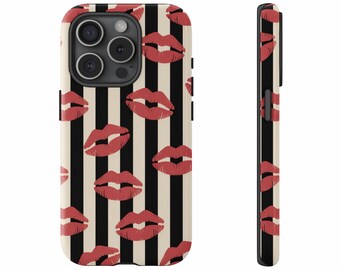 Lip Print iPhone Case: Chic Black and White Stripes
