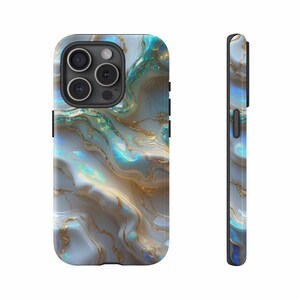 May include: A phone case with a swirling marble design in shades of white, blue, and gold. The case has a glossy finish and a sleek, modern look. The side view shows the case's slim profile.