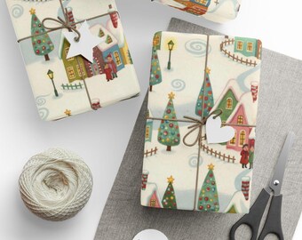 Carta da regalo vintage per villaggio natalizio: scena cittadina invernale festosa