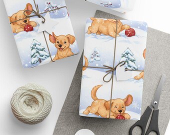 Carta da regalo natalizia con cucciolo di Golden Retriever, scena invernale
