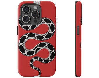 Black and White Snake iPhone Case: Red Background Artistic Design