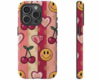Smiley Face Cherry Hearts iPhone Case, Trendy Fun Accessory