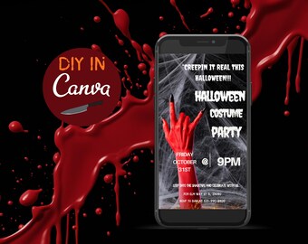 Invito digitale per la festa di Halloween: festa in maschera modificabile, modello Canva