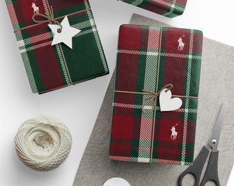 Carta da regalo natalizia a quadri, rosso verde bianco, Natale festivo, carta con fantasia preppy