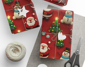 Carta da regalo natalizia: Babbo Natale, pupazzo di neve e albero