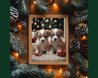 Decorazione murale con cuccioli di Natale: decorazioni natalizie con due cani gemelli (download digitale)