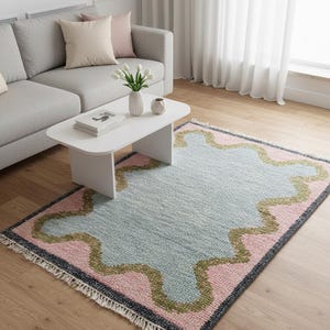 Tapete Oushak moderno azul claro: lã da Nova Zelândia feita à mão, estilo turco.