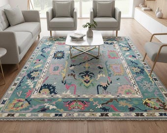 Oushak Rug: Light Blue Hand Knotted New Zealand Wool, Turkish Style