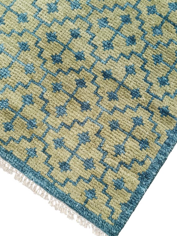 Hand Knotted Wool Oushak Rug: Green Blue Turkish Carpet, 8x10 ft. For Living Room