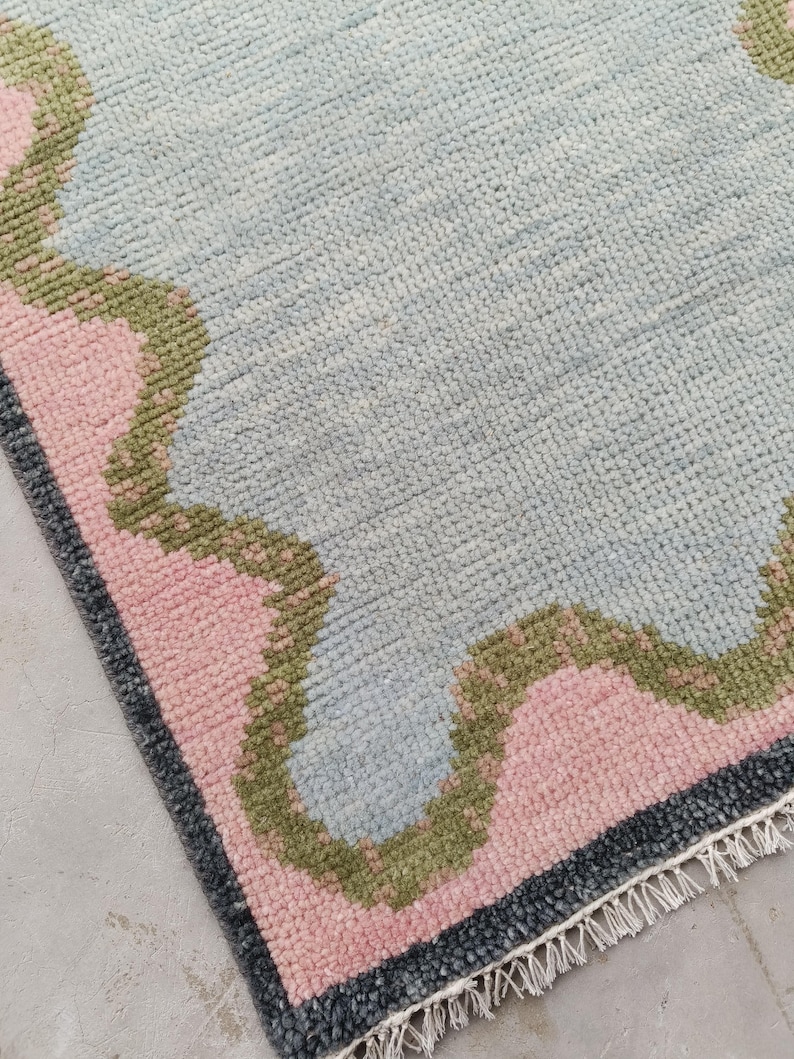 Light Blue Modern Oushak Rug: Hand Knotted New Zealand Wool, Turkish Style image 8