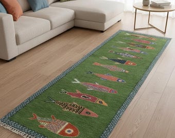 Koi Fish Runner Rug: Green Colorful Carpet Handmade Wool Area Rug