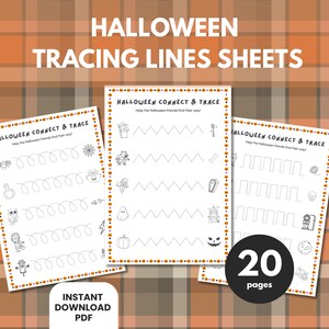 Puede incluir: Hojas de líneas de trazo de Halloween con el texto "Halloween Connect & Trace". Las hojas presentan varias ilustraciones con temática de Halloween y líneas de trazo. La imagen incluye el texto "Descarga instantánea PDF" y un círculo con el texto "20 páginas".