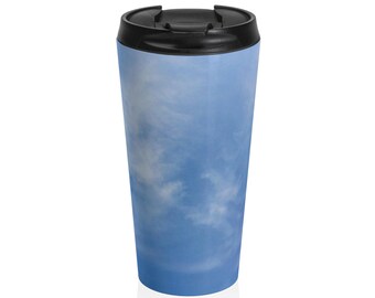 Vaso de viaje minimalista con diseño de nubes Serene Blue Sky de 15 oz, taza térmica azul pastel