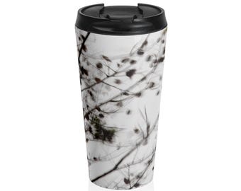 Vaso minimalista con diseño de rama abstracta / Taza de viaje con fotografía de naturaleza en blanco y negro / Taza de café de arte moderno