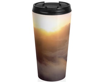 Vaso de acero inoxidable Sunrise Mountain Fog, taza de viaje para amantes de la naturaleza