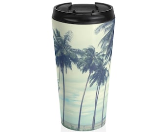 Vaso de acero inoxidable con fotografía de palmeras tropicales, taza de viaje costera