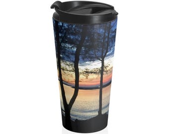 Vaso de viaje con diseño de atardecer en la playa, taza de café para fotografía oceánica