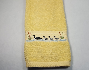 Yellow Bathroom Towel, Loons, Loon Embroidery, Hand Towels, Ready To Ship