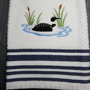 Kitchen Towel with Common Loon Embroidery, White Towel with Dark Blue Stripes, Kitchen Gift for Loon Lovers, Ready To Ship