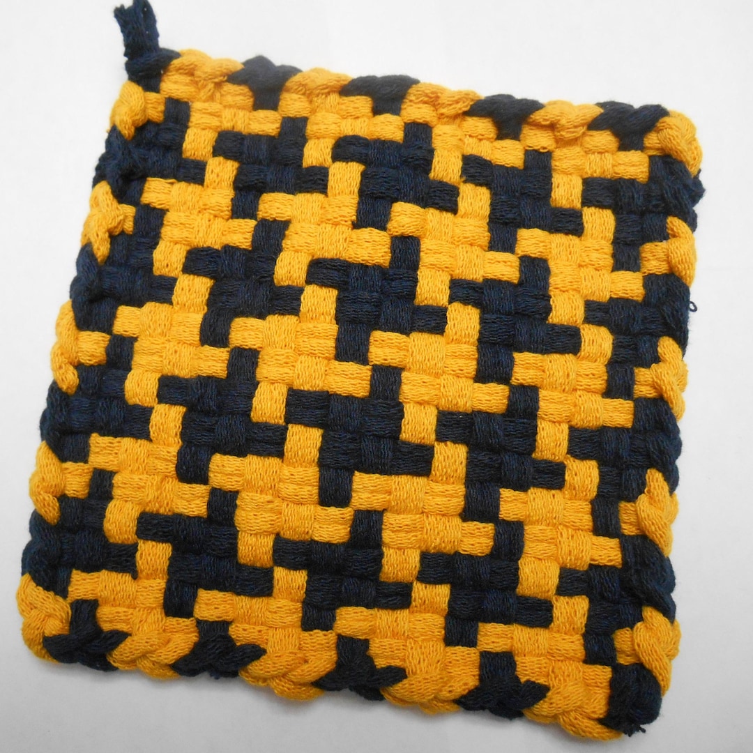 Pot Holder Rugs Navy and Gold Woven Potholder, Cotton Loop Mug Rug, Traditional Size ...