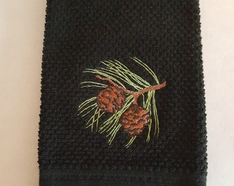 Pine Cone Kitchen Towel, Black Cotton Towel, Pine Cone Embroidery