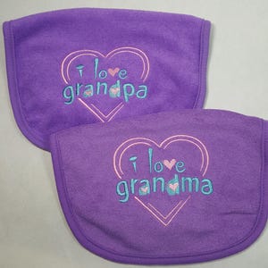 Set of Purple Bibs, I Love Grandma, I Love Grandpa, Baby Embroidery, Pregnancy Announcement, Baby Shower Gifts, Ready To Ship