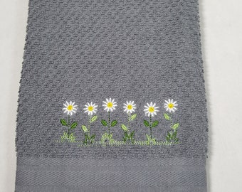 Gray Daisy Kitchen Towel, Daisy Embroidered Towel, Kitchen Gift Idea Ready To Ship
