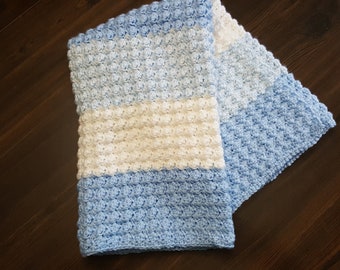 Handmade Baby Blanket, Crocheted Blue and White Acrylic Yarn Afghan, Ready To Ship