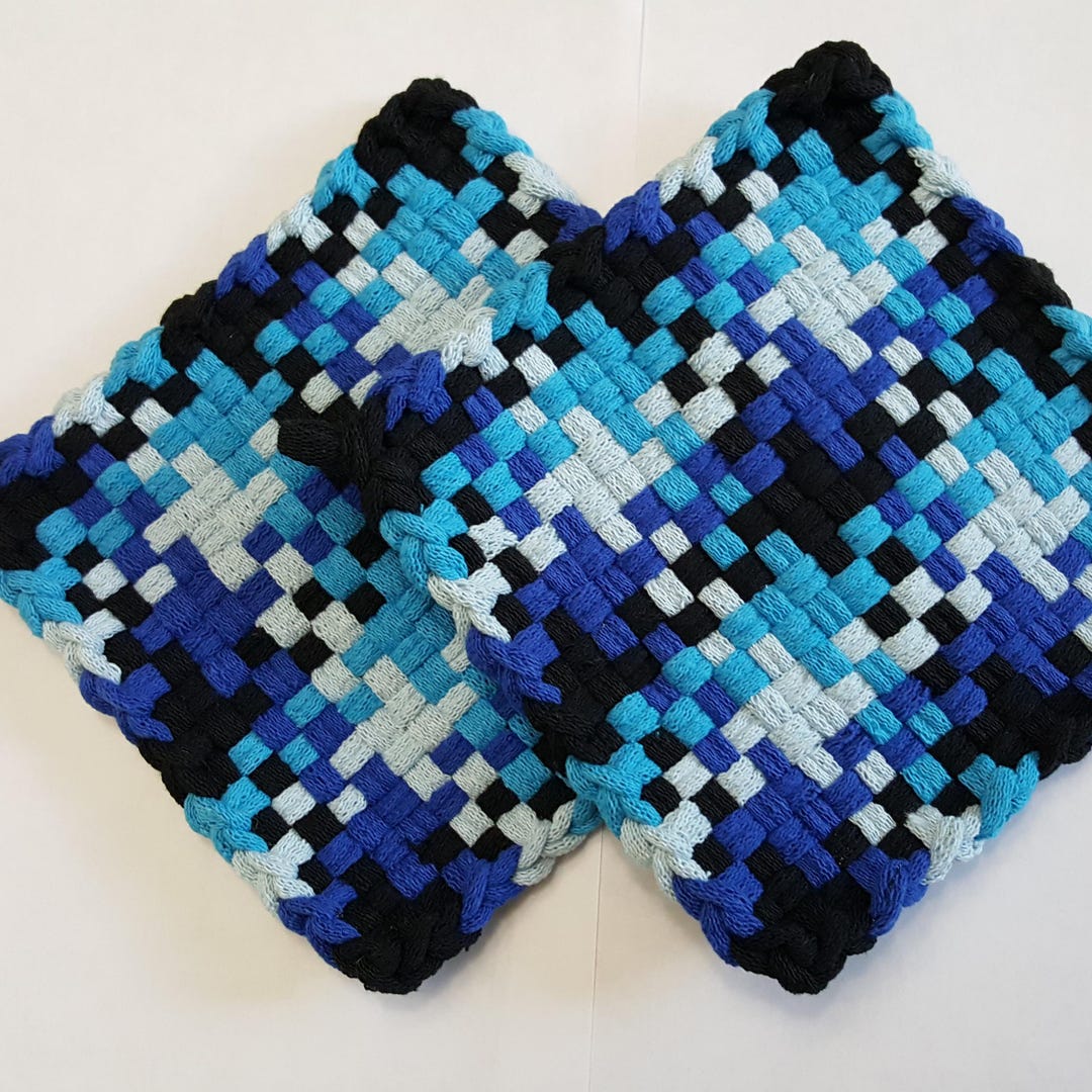 Pot Holder Rugs Woven Potholder Set, Shades of Blue and Black Mug Rugs, Cotton Loops ...