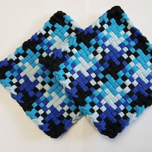 Woven Potholder Set, Shades of Blue and Black Mug Rugs, Cotton Loops, Ready to Ship
