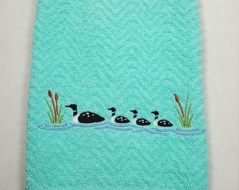 Kitchen Towels, Common Loon Towel, Light Turquoise Kitchen Towel, Loon Family Towel, Loon Embroidered Towel