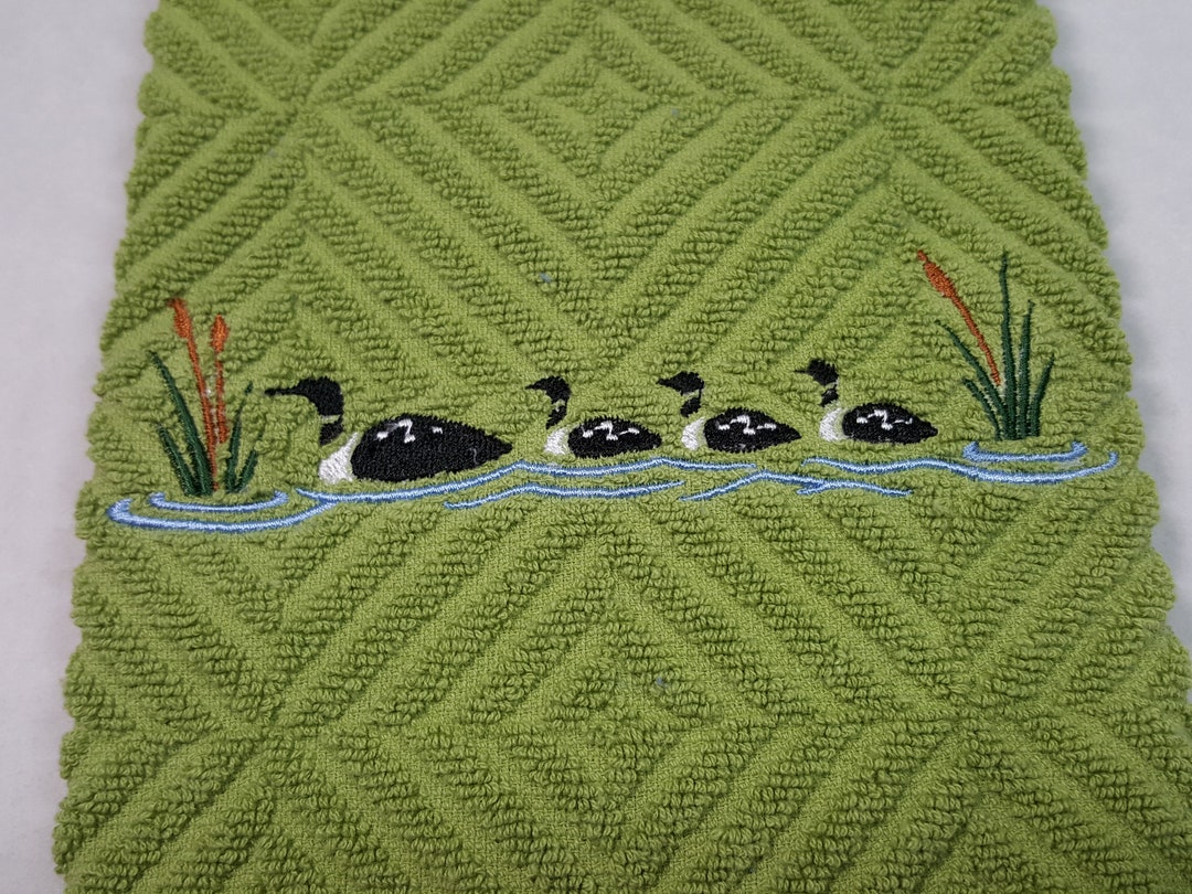 Green Kitchen Towel Embroidered With Common Loons Kitchen Etsy