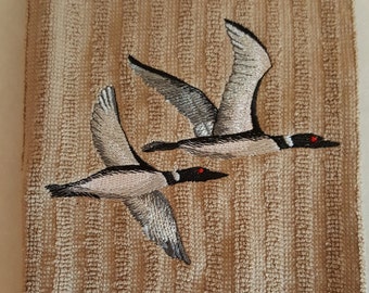 Flying Loons, Kitchen Towel Embroidery, Common Loons in Flight, Beige Towel, Ready To Ship