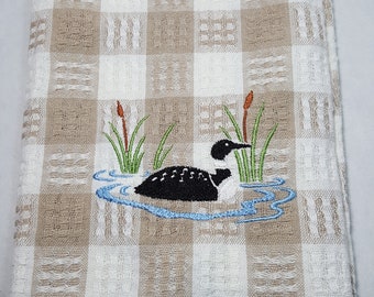 Plaid Kitchen Towel with Loon Embroidery, Cabin Towels, Loon Lover Gift Idea, Country Kitchen Decor