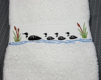 Common Loon Hand Towel, White Bathroom Towels, Loon Embroidery, Ready To Ship Towels