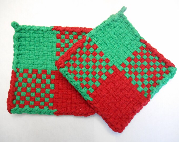 Woven Potholders Set of 2 Potholders Red and Green Mug Rug Etsy