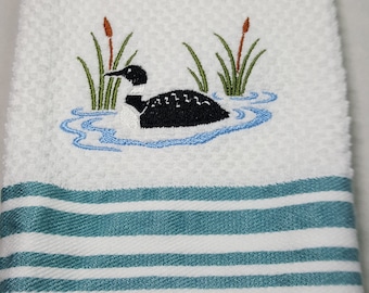 Loon Embroidered Kitchen Towel, Teal Stripes on White Cotton Terry Towel, Common Loon Embroidery, Loon Lover Gift